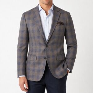 Statement Blazer Larzo-6 Super 180s Wool Cashmere Mens Grey Blue Plaid 38R